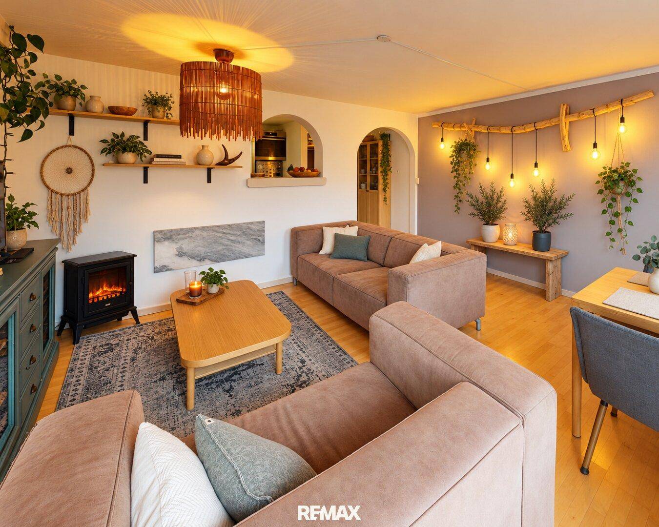 Stilvolles Wohnzimmer mit gemütlichen Sofas, Holzboden und indirekter Beleuchtung.