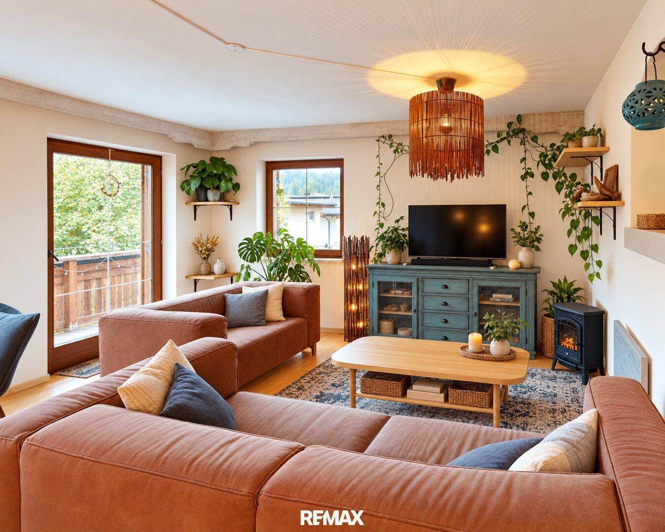 Modern eingerichtetes Wohnzimmer mit bequemen Sofas, Holzboden und dekorativen Pflanzen.