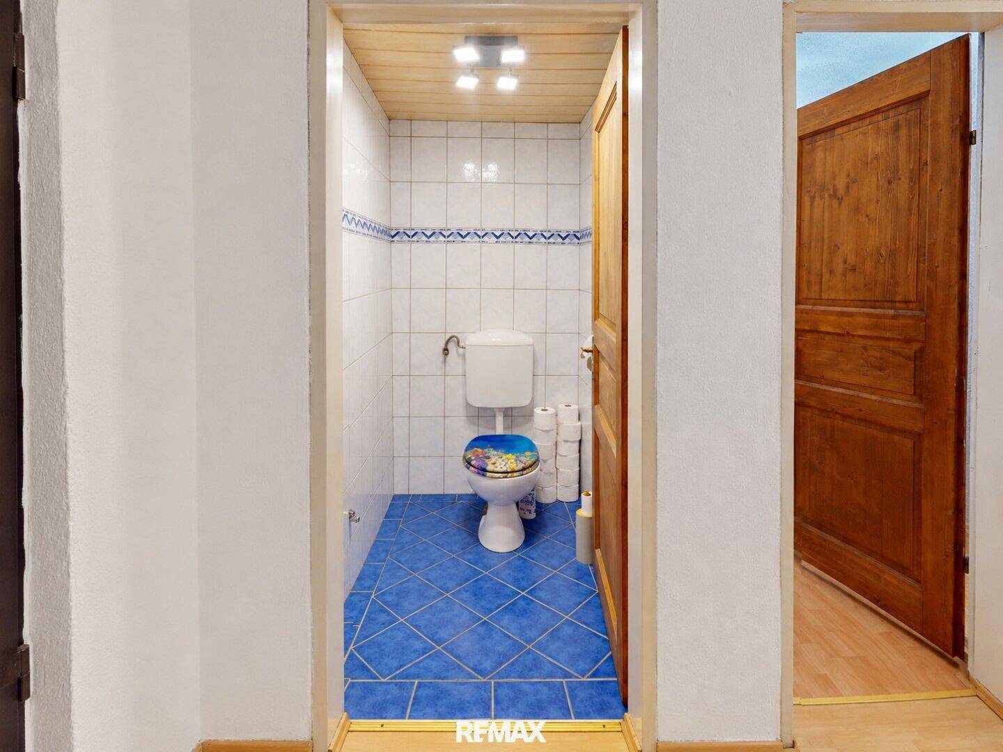Kleines separates WC mit blauen Bodenfliesen und weißen Wandfliesen, funktional und sauber.