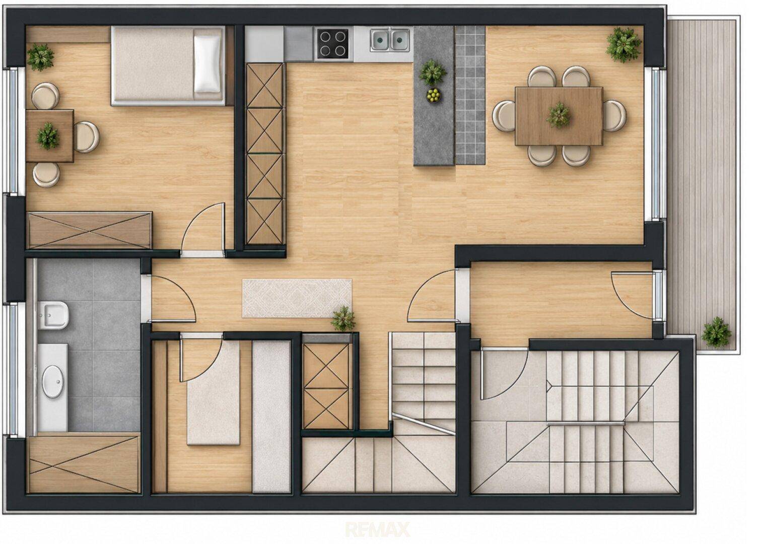 Grundriss des Erdgeschosses mit Schlafzimmer, offener Küche und Essbereich.