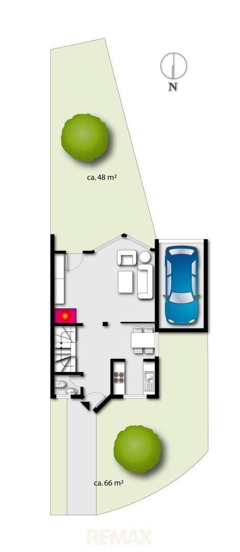 Grundriss des Erdgeschosses mit Garage, Wohnbereich und zwei Gartenflächen.