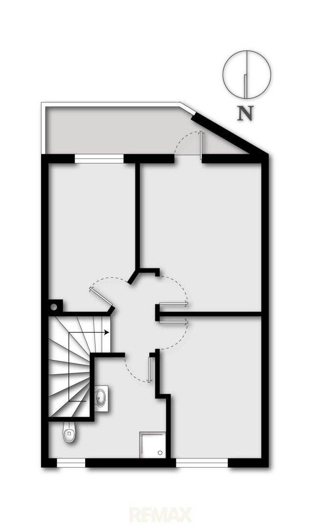 Grundriss des Obergeschosses mit Schlafzimmern, Badezimmer und Treppenaufgang.