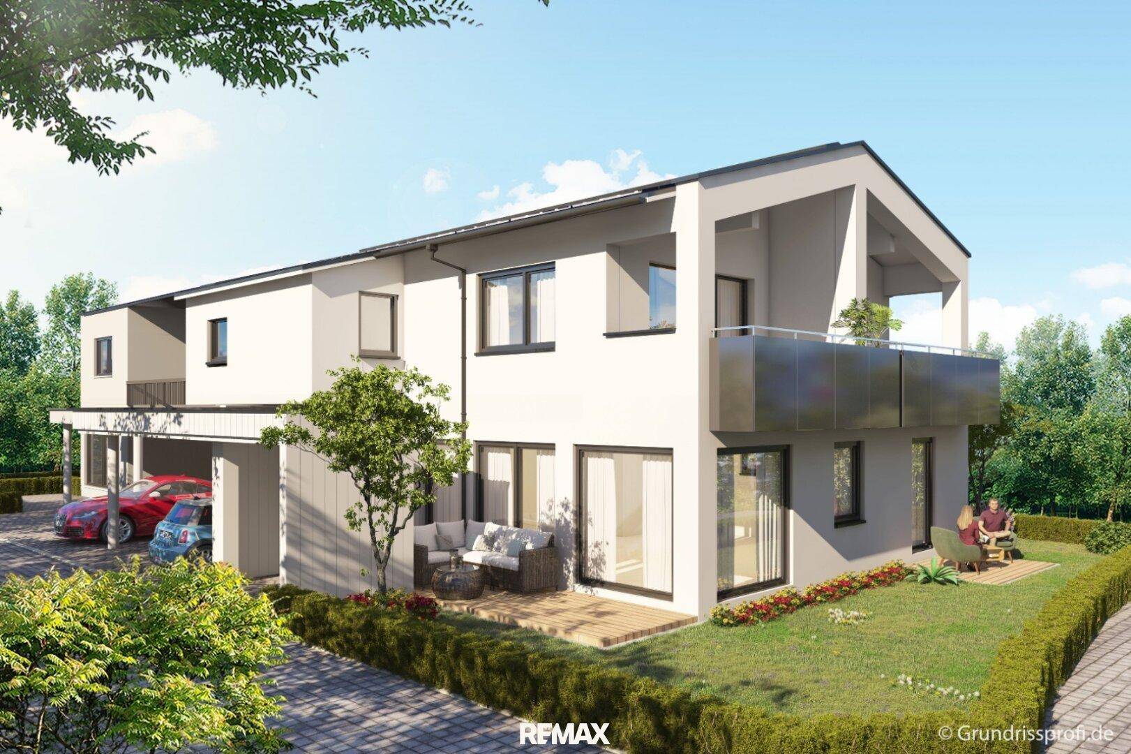 Ansicht der modernen Doppelhaushälfte von einer anderen Perspektive mit Terrasse und Carport.