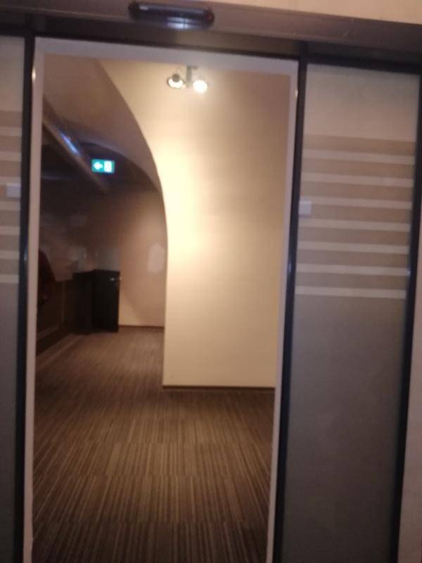 Blick durch eine Glastür in einen Flur mit gewölbter Decke und dunklem, gemustertem Teppichboden.