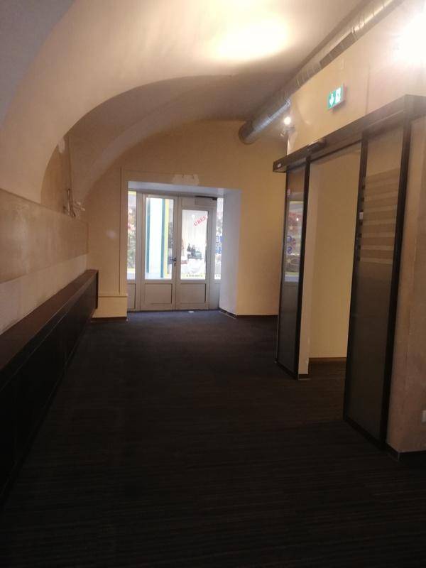 Geräumiger Flur mit gewölbter Decke, dunklem Teppichboden und Blick auf den Eingangsbereich mit Glastüren.