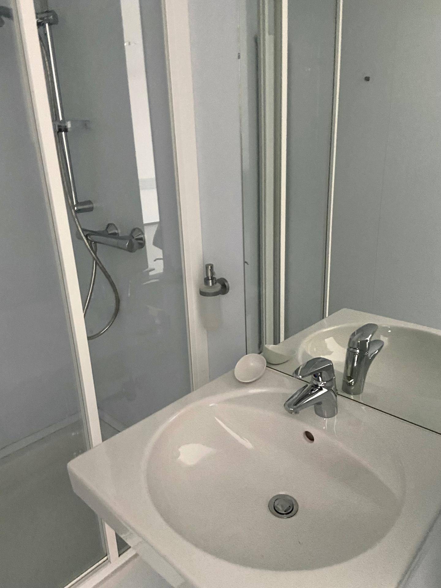 Badezimmer mit Waschbecken, Spiegel und einer Duschkabine mit Glaswänden.