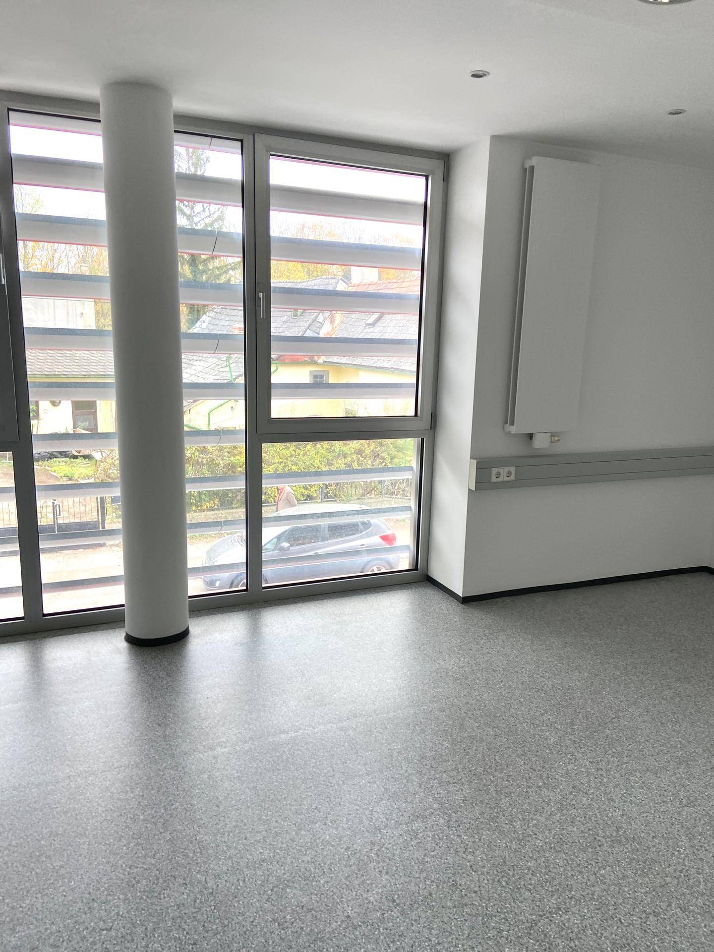 Büroraum mit großen Fenstern, die einen Blick auf die Straße mit Bäumen und parkenden Autos bieten.