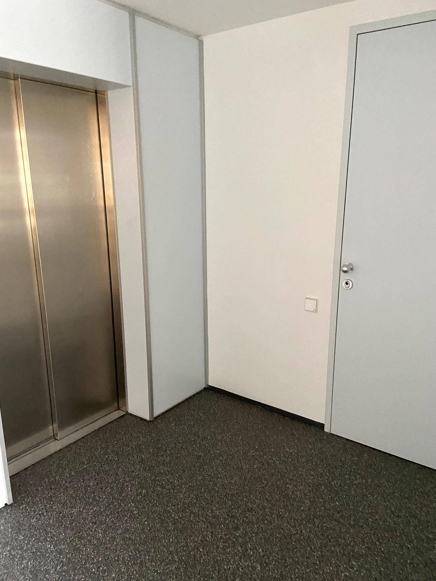 Heller Flur mit einem modernen Aufzug aus Edelstahl und einer weißen Tür.