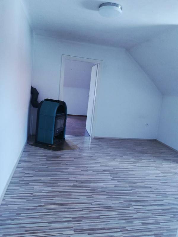 Geräumiger Wohnbereich mit Laminatboden, Dachschrägen und einem freistehenden Holzofen.
