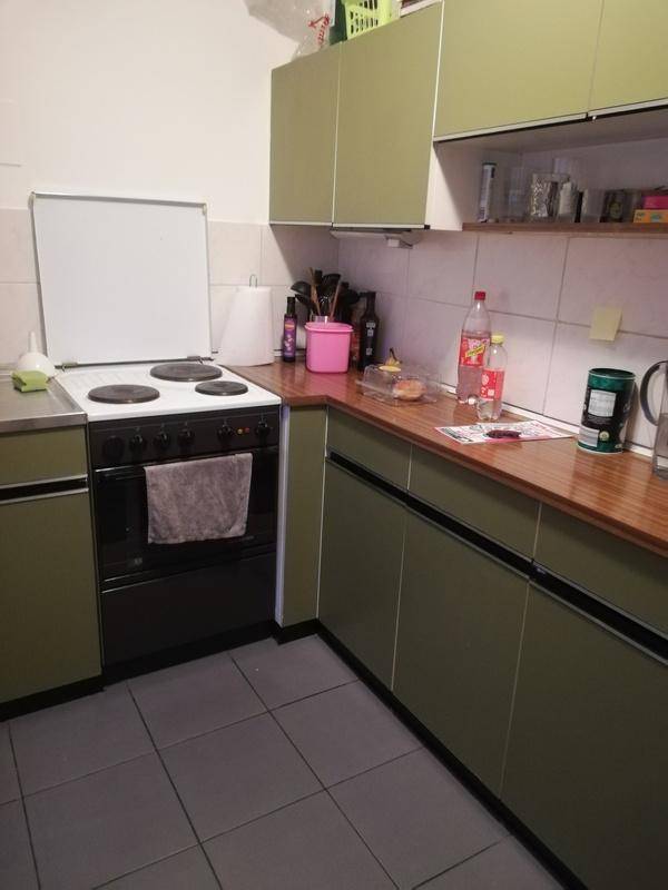 Funktionale Küche mit grünen Einbauschränken, Holz-Arbeitsplatte und einem Elektroherd.