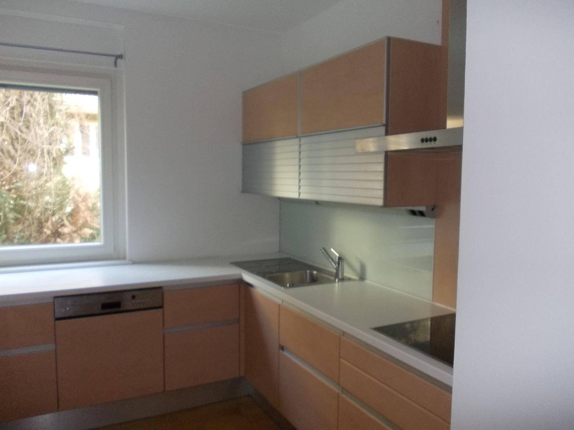 Funktionale Einbauküche mit hellen Holzfronten, Spülmaschine und Fenster mit Blick ins Grüne.