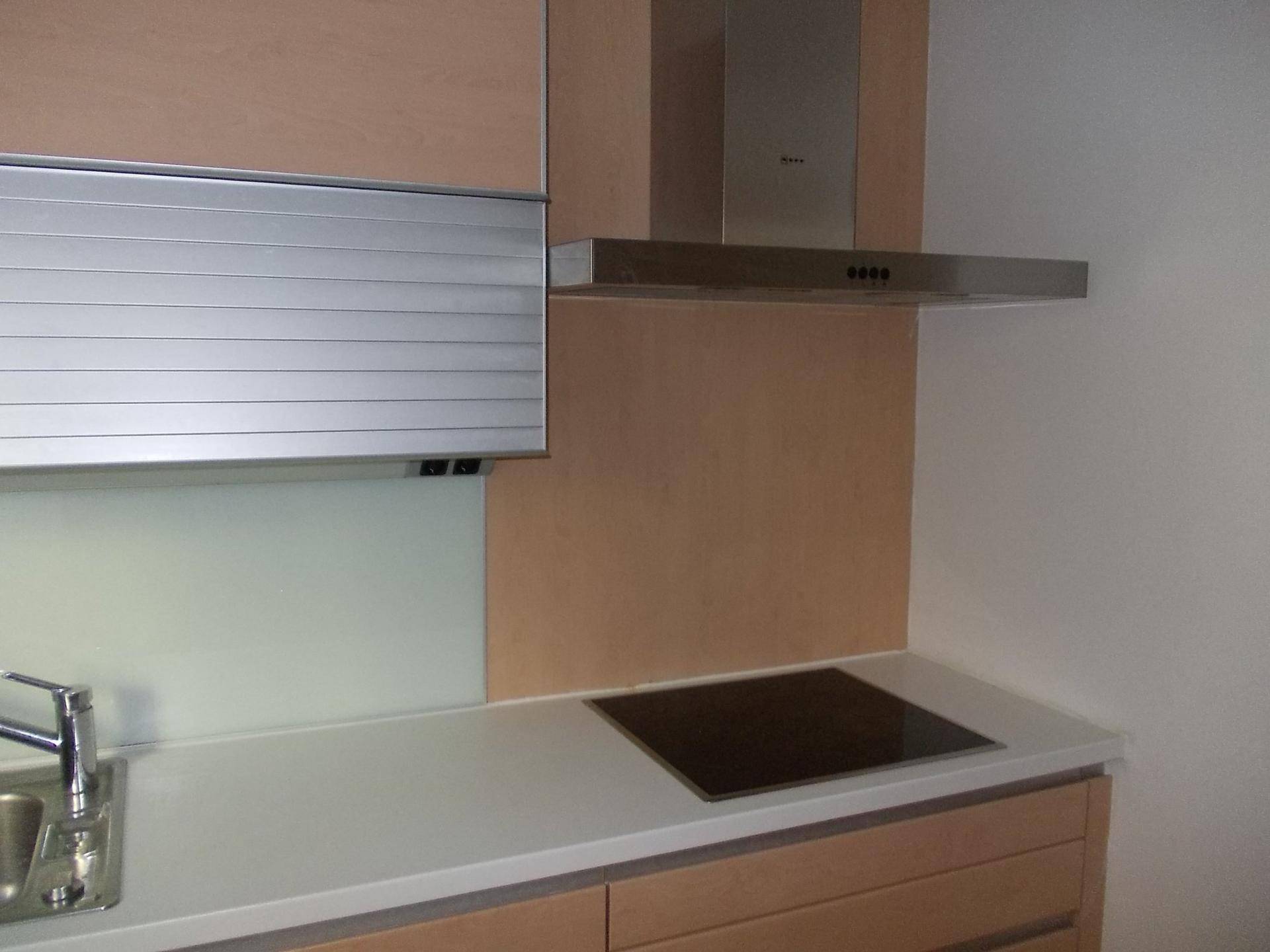 Detailansicht der modernen Küche mit Induktionskochfeld, Dunstabzugshaube und heller Arbeitsplatte.