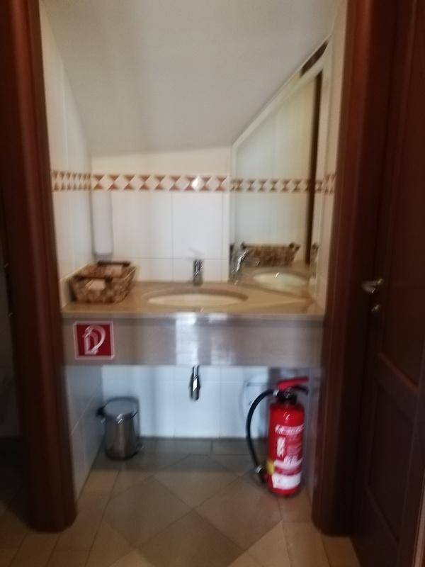 Kleines Badezimmer mit Waschbecken, Spiegel, Fliesen und einem Feuerlöscher, funktional eingerichtet.