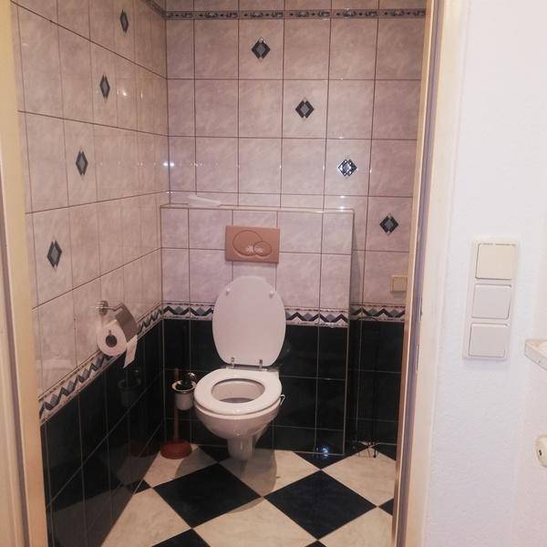 Separate Toilette mit Wand-WC und kontrastreichen dunkelblauen und weißen Fliesen.