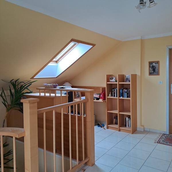 Dachgeschossbereich mit Dachfenster, Holzgeländer und Regalen, ideal als Arbeitsbereich.