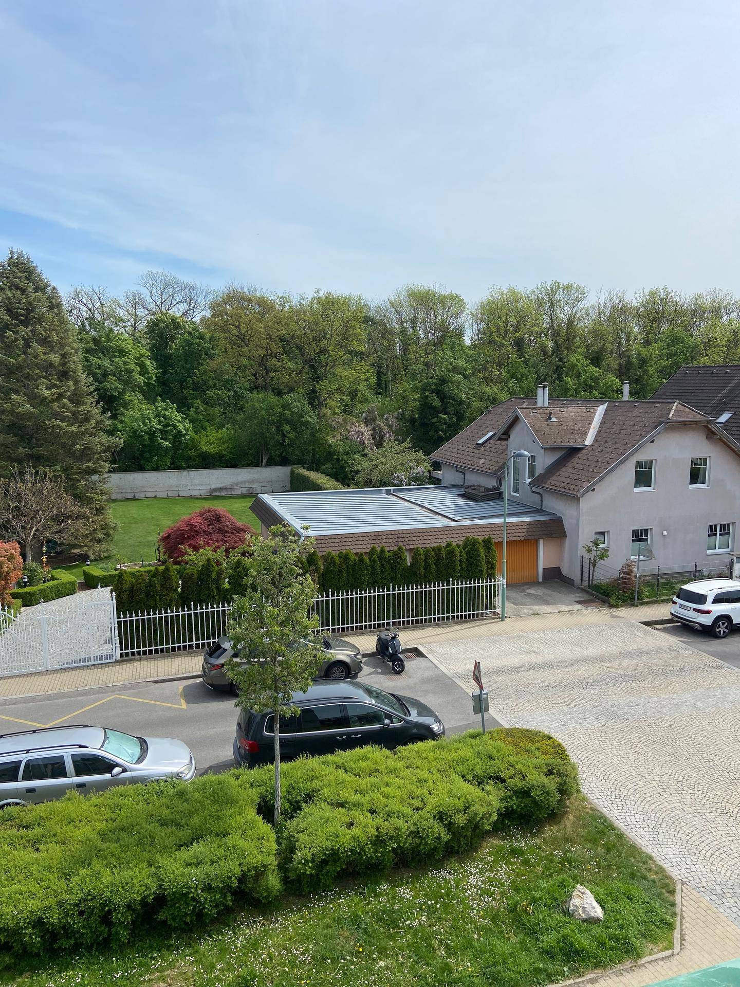 Blick auf eine ruhige Wohnstraße mit geparkten Autos und viel Grün.