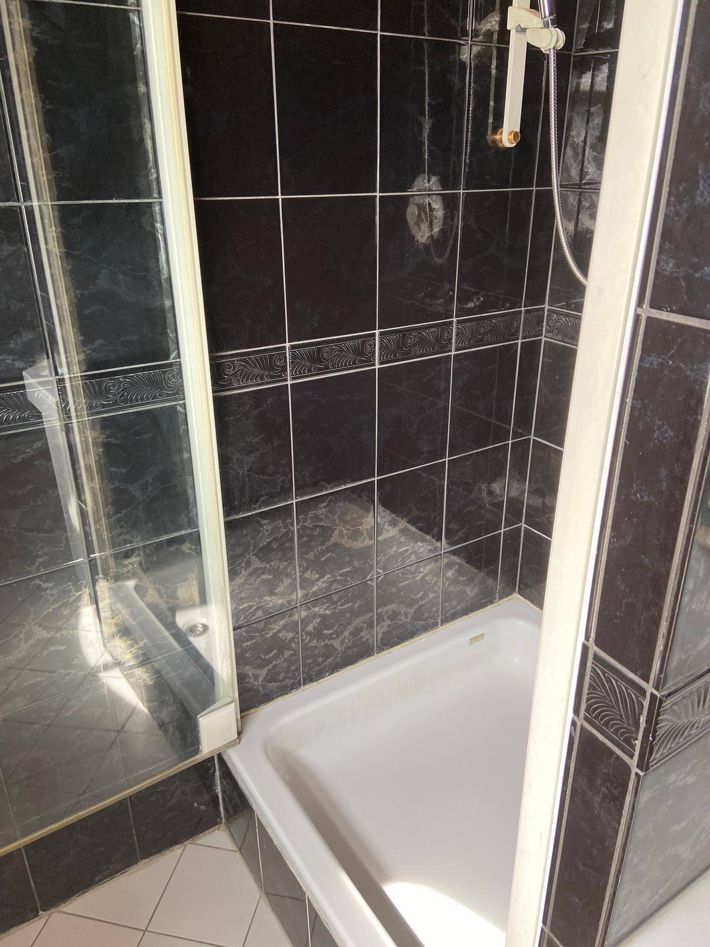 Duschbereich mit dunklen Fliesen und Duschwanne in einem Badezimmer.