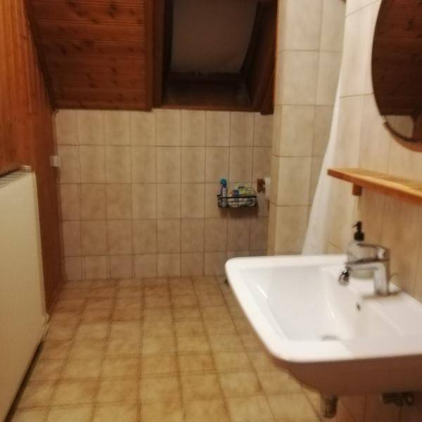Rustikales Badezimmer mit Holzverkleidung, Fliesenboden, Waschbecken und Duschvorhang.