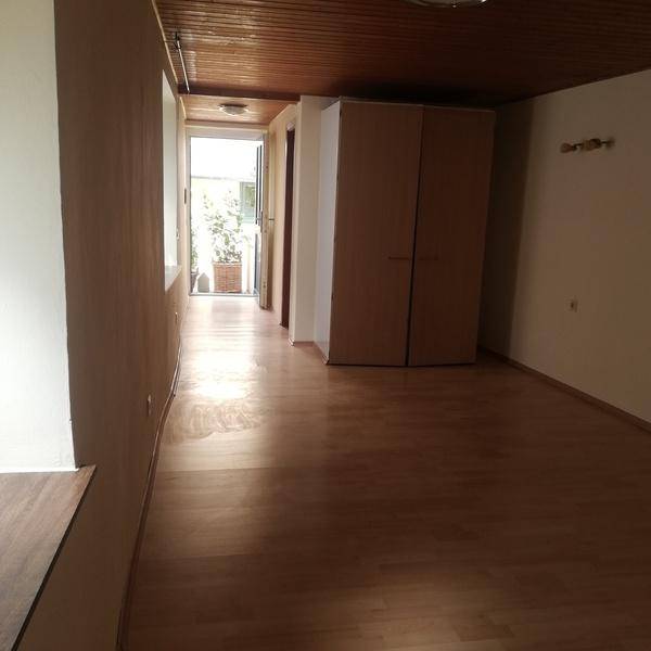 Leerer Raum mit Holzdecke und Laminatboden, der zu einem hellen Außenbereich führt.