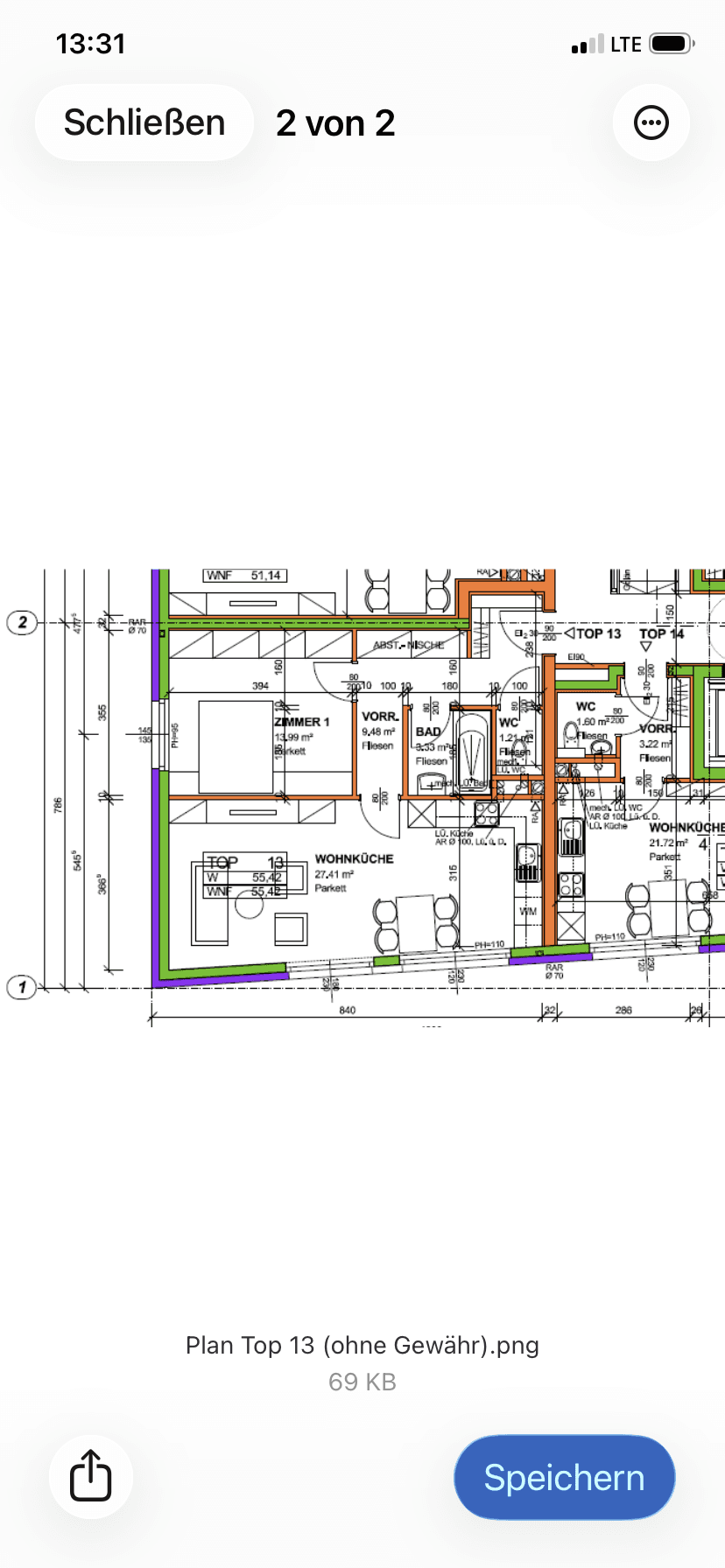 Digitaler Grundriss einer Wohnung mit Wohnküche, Bad und separatem WC.