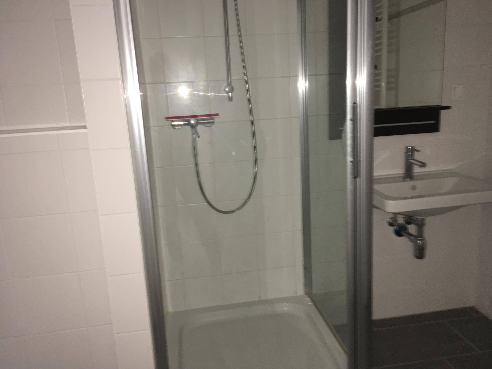 Badezimmer mit Duschkabine, Einzelwaschbecken und beheiztem Handtuchhalter, gefliest in Weiß und Grau.