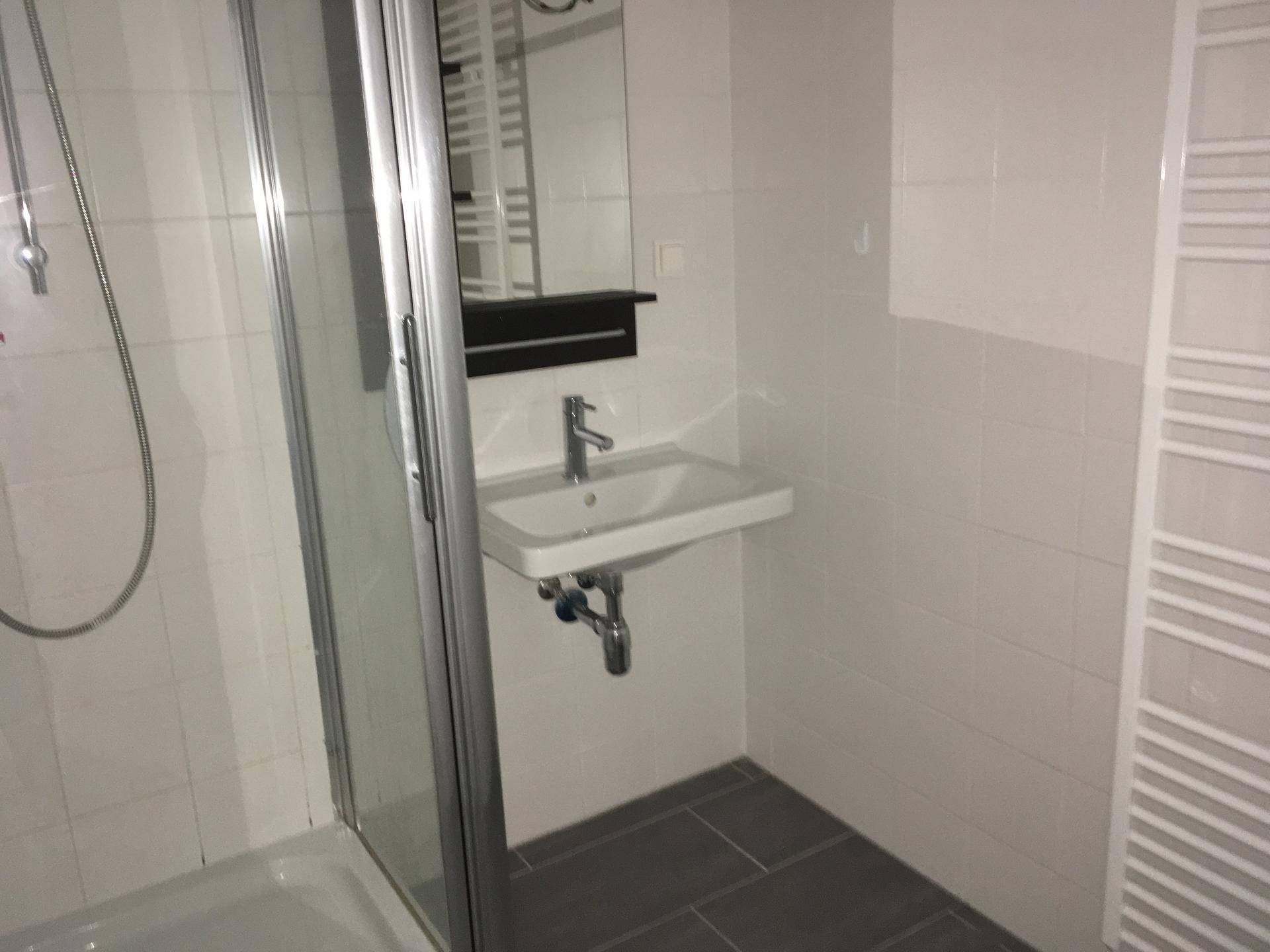 Badezimmer mit Duschkabine, Einzelwaschbecken und beheiztem Handtuchhalter, gefliest in Weiß und Grau.