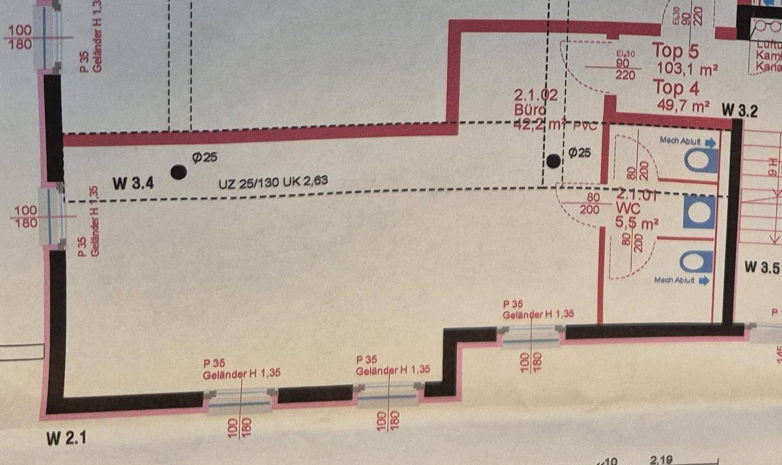 Grundrissplan zeigt die Aufteilung eines Büros und mehrerer WCs mit Flächenangaben.