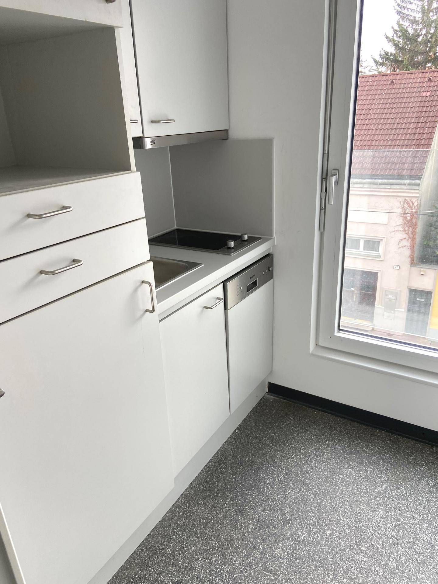 Kleine, weiße Küchenzeile mit Spüle, Kochfeld und Geschirrspüler, neben einem Fenster.