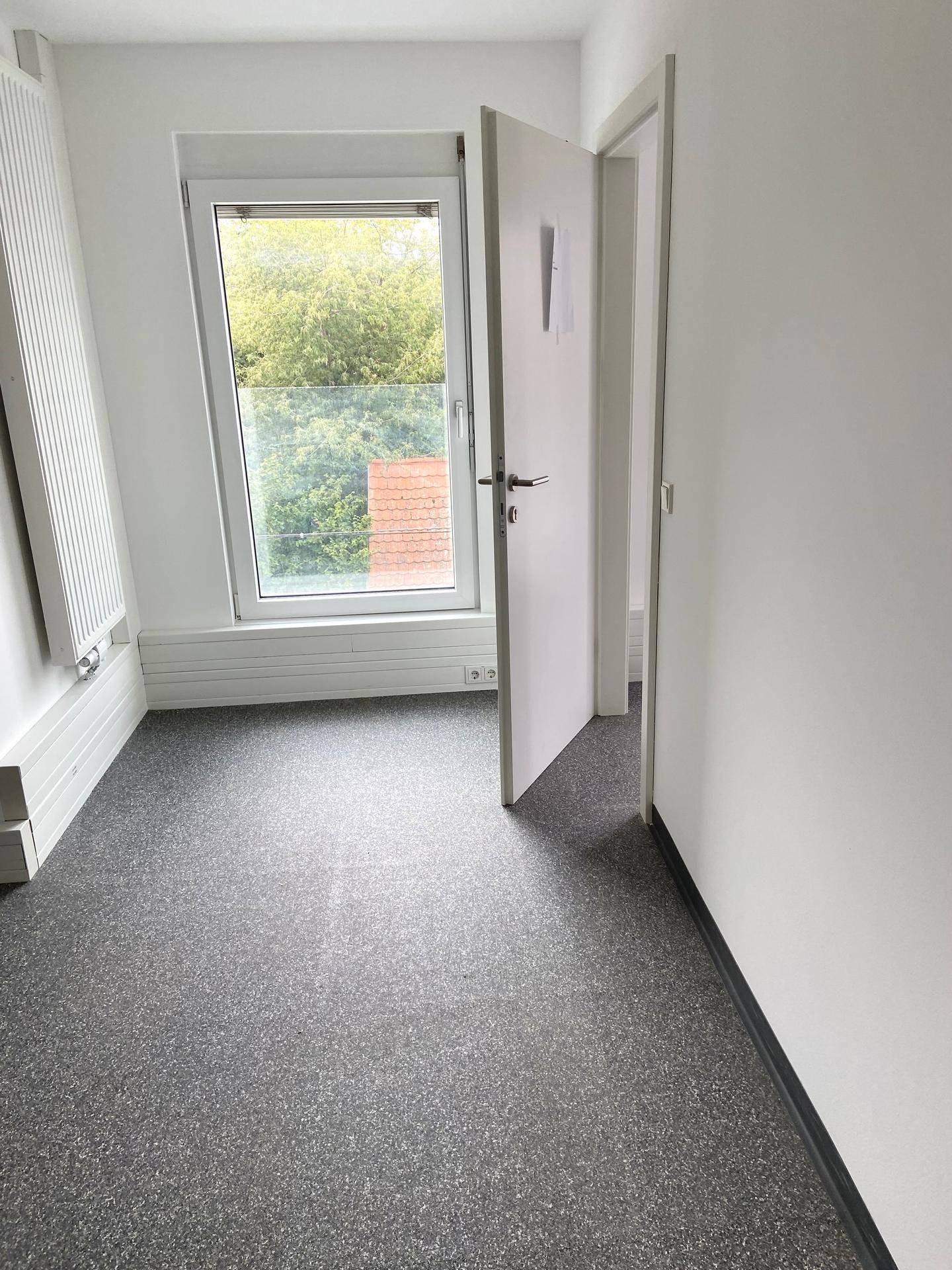 Leeres Zimmer mit grauem Boden, weißen Wänden und einem Fenster mit Blick ins Grüne.