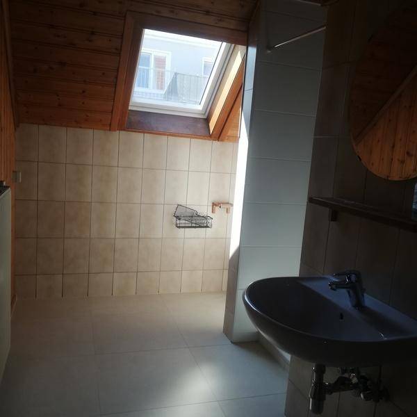 Badezimmer im Dachgeschoss mit Fliesen, Holzverkleidung und einem Dachfenster für Tageslicht.