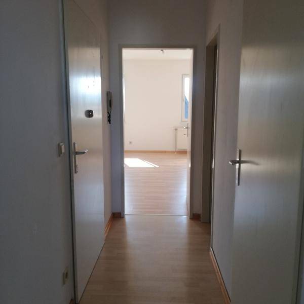 Langer, heller Flur mit Laminatboden und mehreren Türen, die zu den angrenzenden Räumen führen.