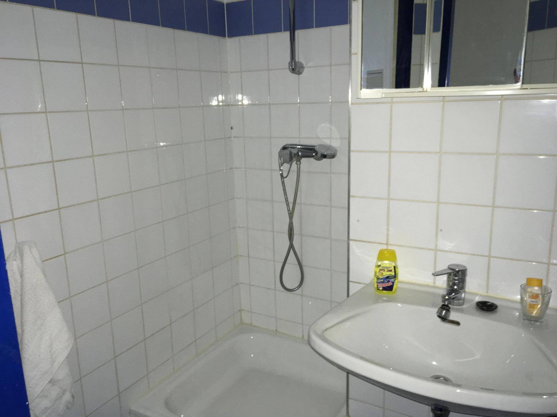 Gefliestes Badezimmer mit Duschbereich, Waschbecken und Spiegelschrank, akzentuiert durch blaue Fliesenstreifen.