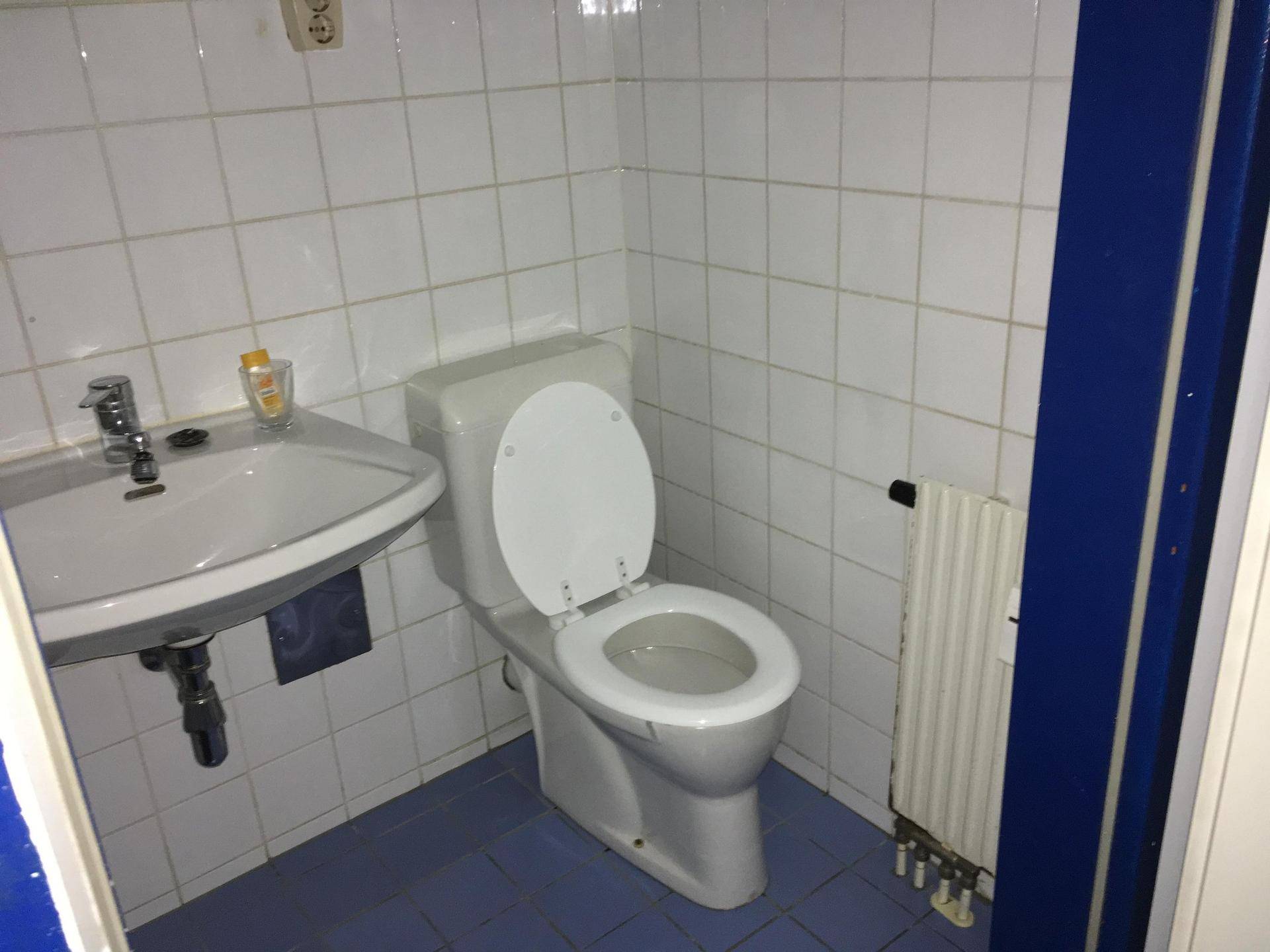 Kleines Badezimmer mit weißen Wandfliesen, blauem Boden, Toilette, Waschbecken und Heizkörper.