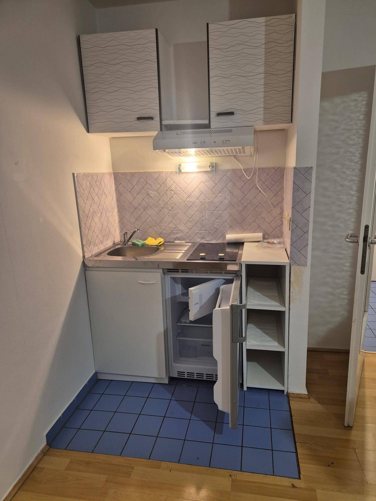 Moderne Küchenzeile mit weißen Schränken, Spüle, Kochfeld, Dunstabzugshaube und offenem Kühlschrank.