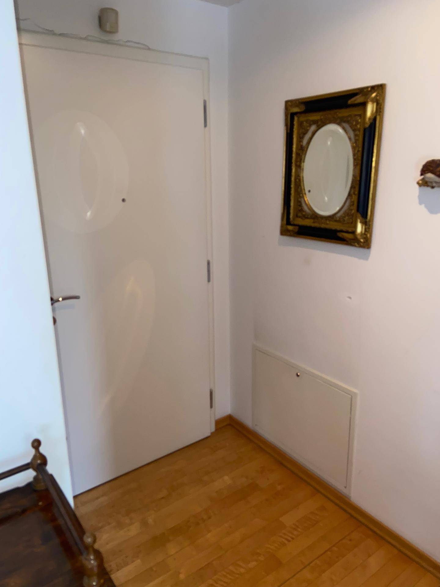 Eingangsbereich mit heller Tür, Parkettboden und einem dekorativen Spiegel an der Wand, der den Raum aufhellt.