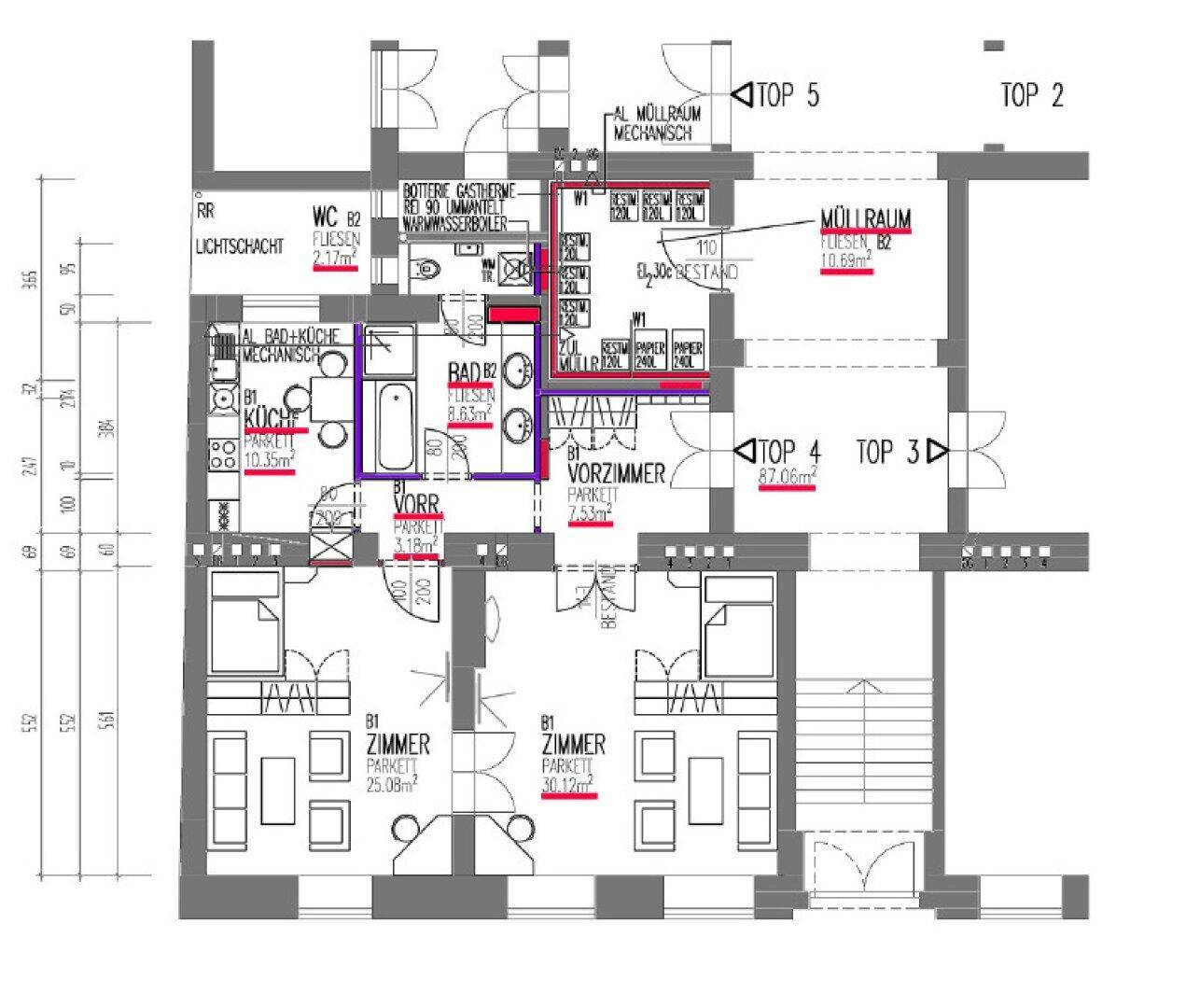 Detaillierter Grundriss mit Aufteilung in Küche, Bad und mehrere Zimmer.