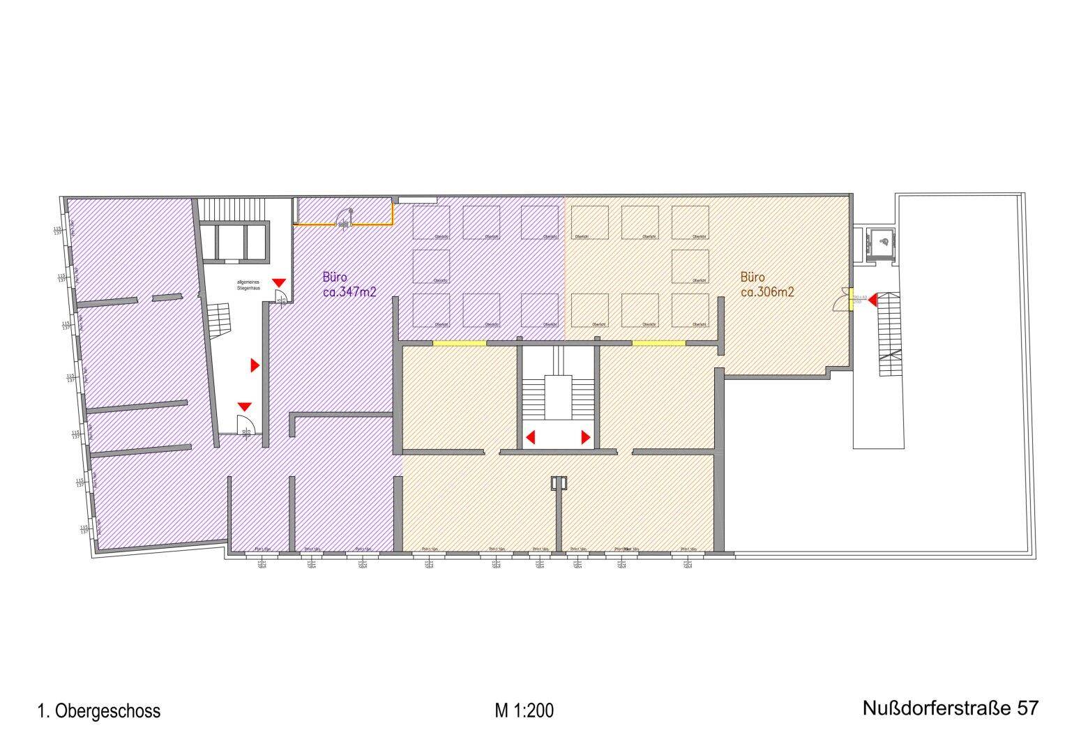 Grundriss des ersten Obergeschosses mit zwei Bürobereichen von ca. 347m² und 306m².