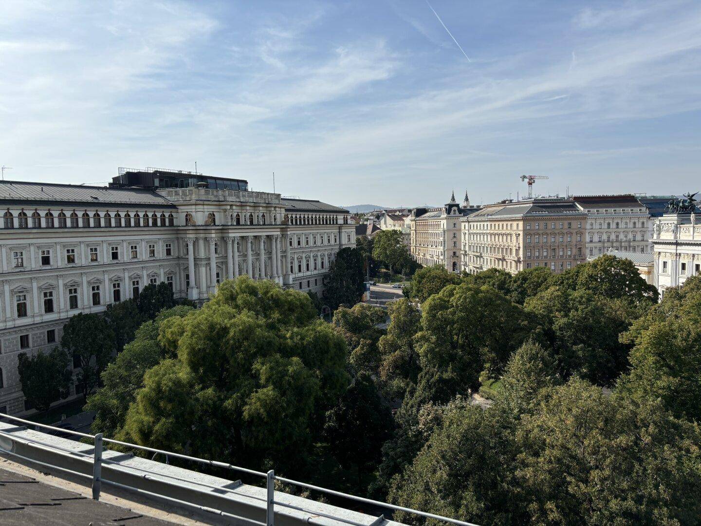 Panoramablick über die Stadt mit einer Mischung aus historischen Gebäuden und üppigem Grün.