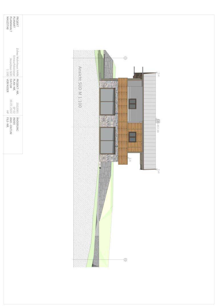 Ansicht der Südseite des Gebäudes mit großen Fenstern und moderner Fassade.