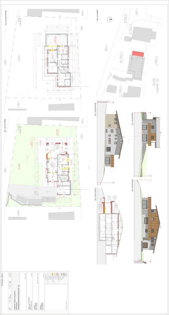 Übersicht der Baupläne mit Grundrissen und verschiedenen Gebäudeansichten.