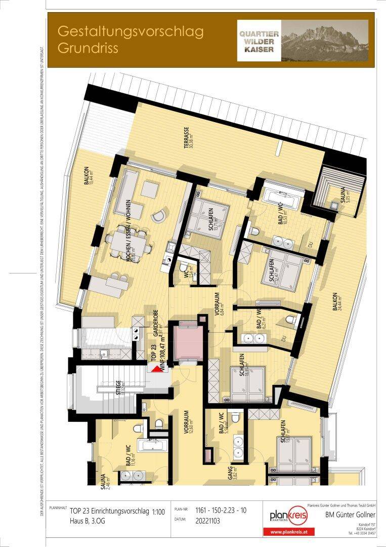 Grundriss einer Wohnung mit mehreren Schlafzimmern, Bädern, offener Küche und Sauna.