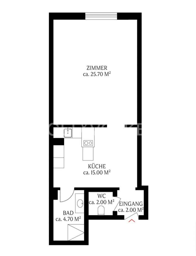 Grundriss einer Wohnung mit einem Zimmer, separater Küche, Bad und WC.