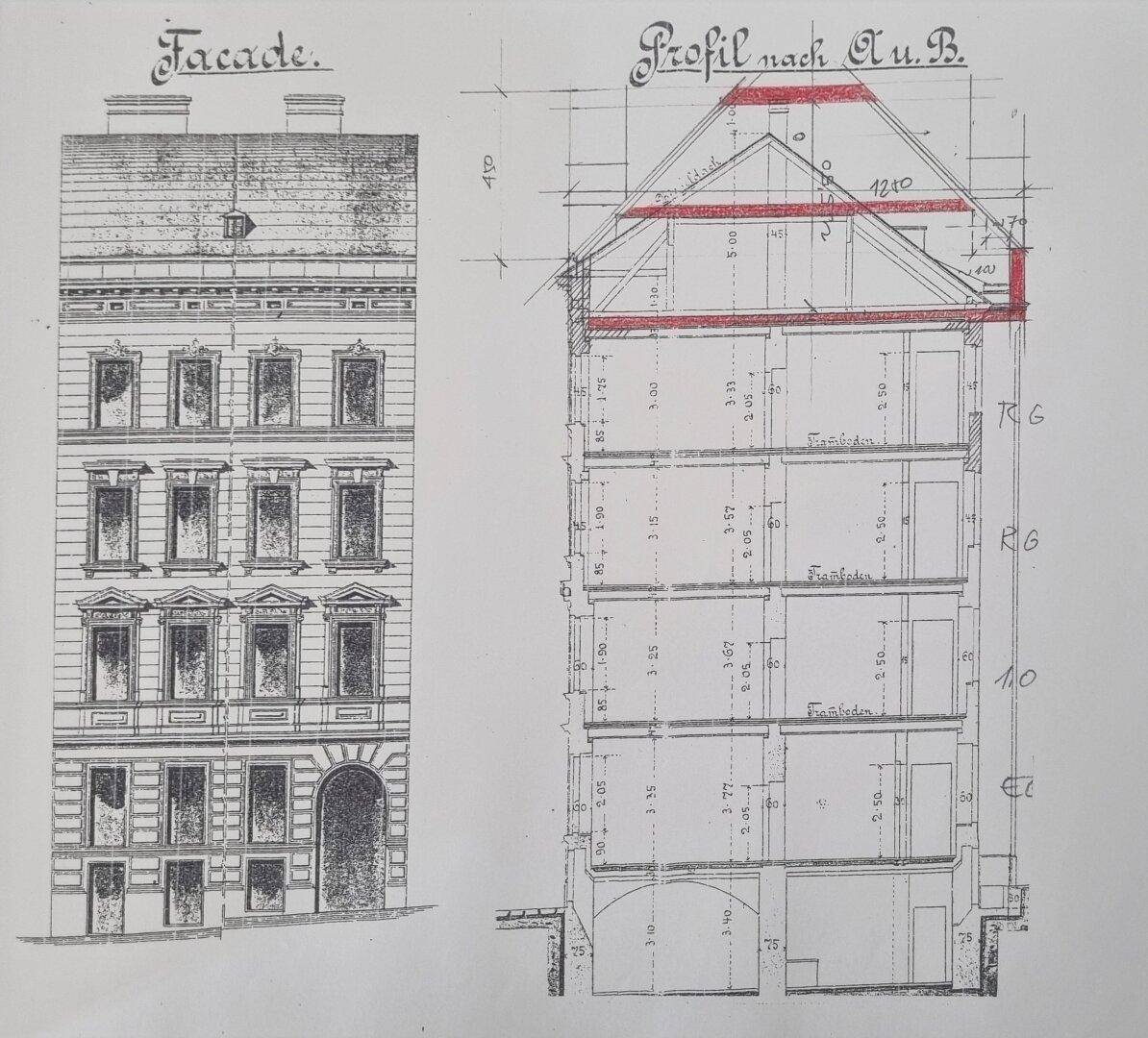 Historischer Fassaden- und Profilplan eines Gebäudes mit Dachgeschossausbau.