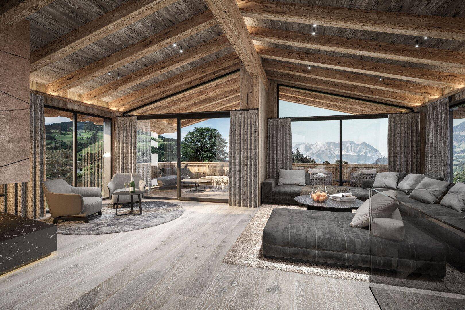 Luxuriöses Wohnzimmer mit Holzbalkendecke, großen Fenstern und atemberaubendem Bergblick.