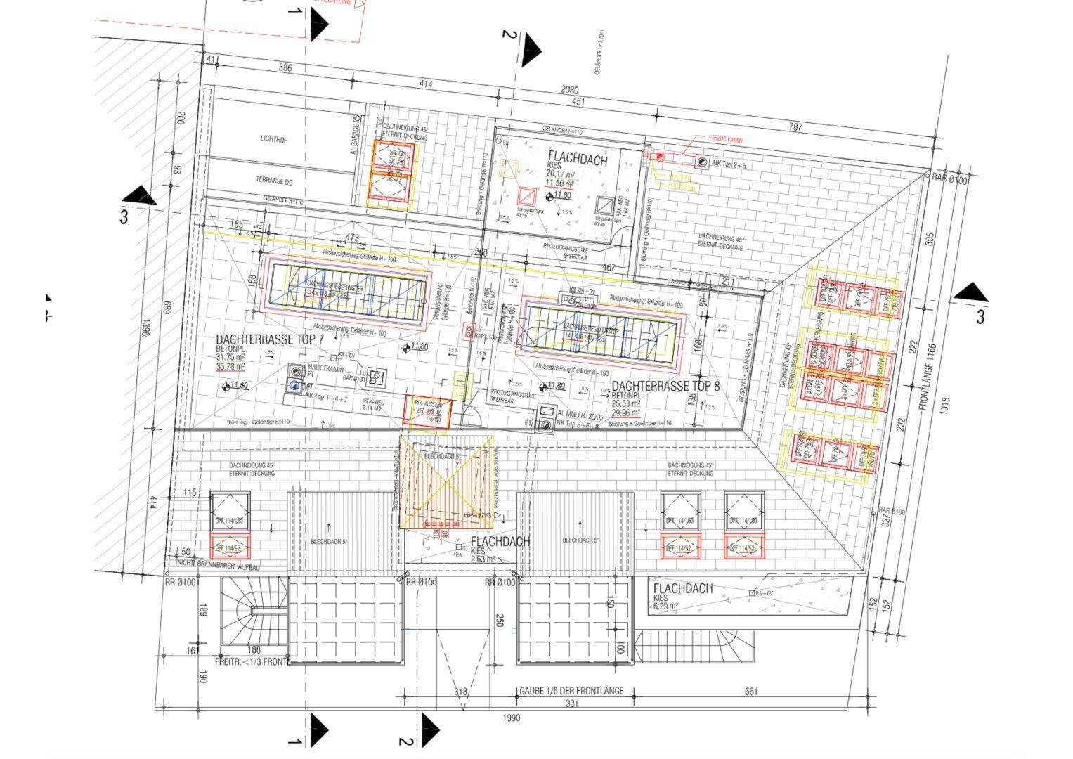 Grundriss des Dachgeschosses mit Dachterrassen und verschiedenen Dachformen.