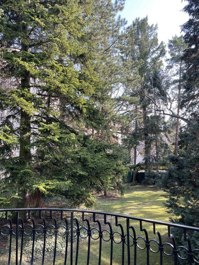 Blick vom Balkon auf eine grüne Gartenlandschaft mit dichtem Baumbestand und blauem Himmel.