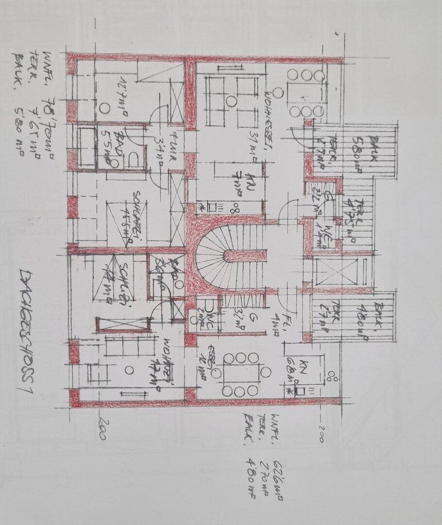 Handgezeichneter Dachgeschoss-Grundriss mit Terrassen, Balkonen und offenem Wohnbereich.