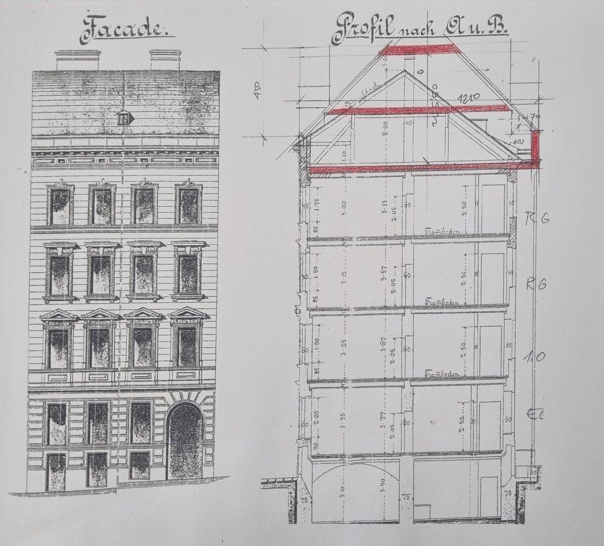 Historischer Fassaden- und Profilplan eines Gebäudes mit Dachgeschossausbau.