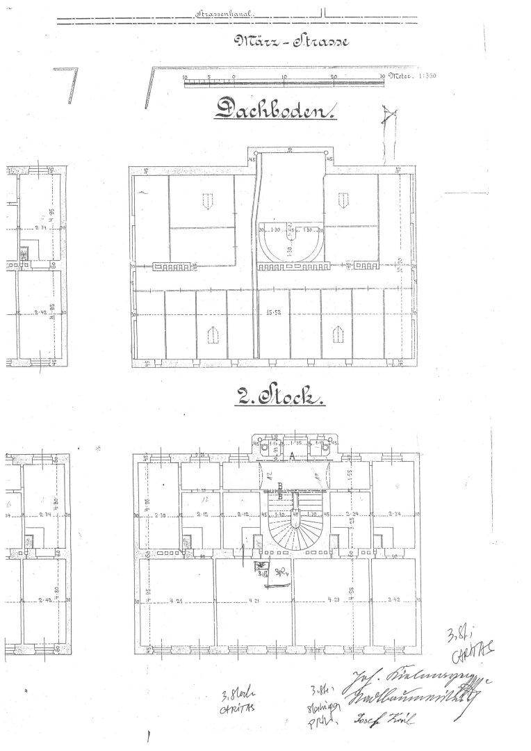 Historische Grundrisspläne des Dachbodens und des zweiten Stocks mit Raumaufteilung.