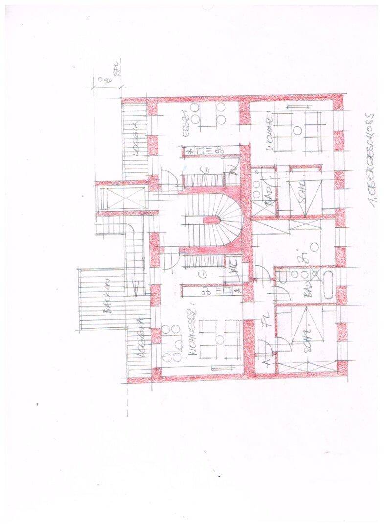 Handgezeichneter Grundriss eines Obergeschosses mit Balkon und detaillierter Raumaufteilung.